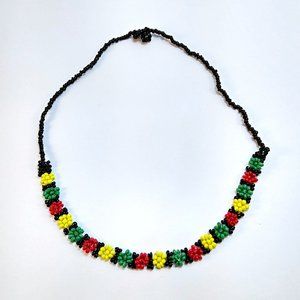 Vintage 90s Surfer Beaded Choker Short Necklace Floral Jamaican Colors Bohemian